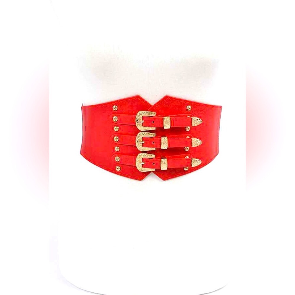 Red Wide Waist Leather Harness Corset Statement Belt